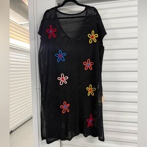 NWT BloomChic Black Crochet Dress Multicolor Floral swim coverup plus 14-16